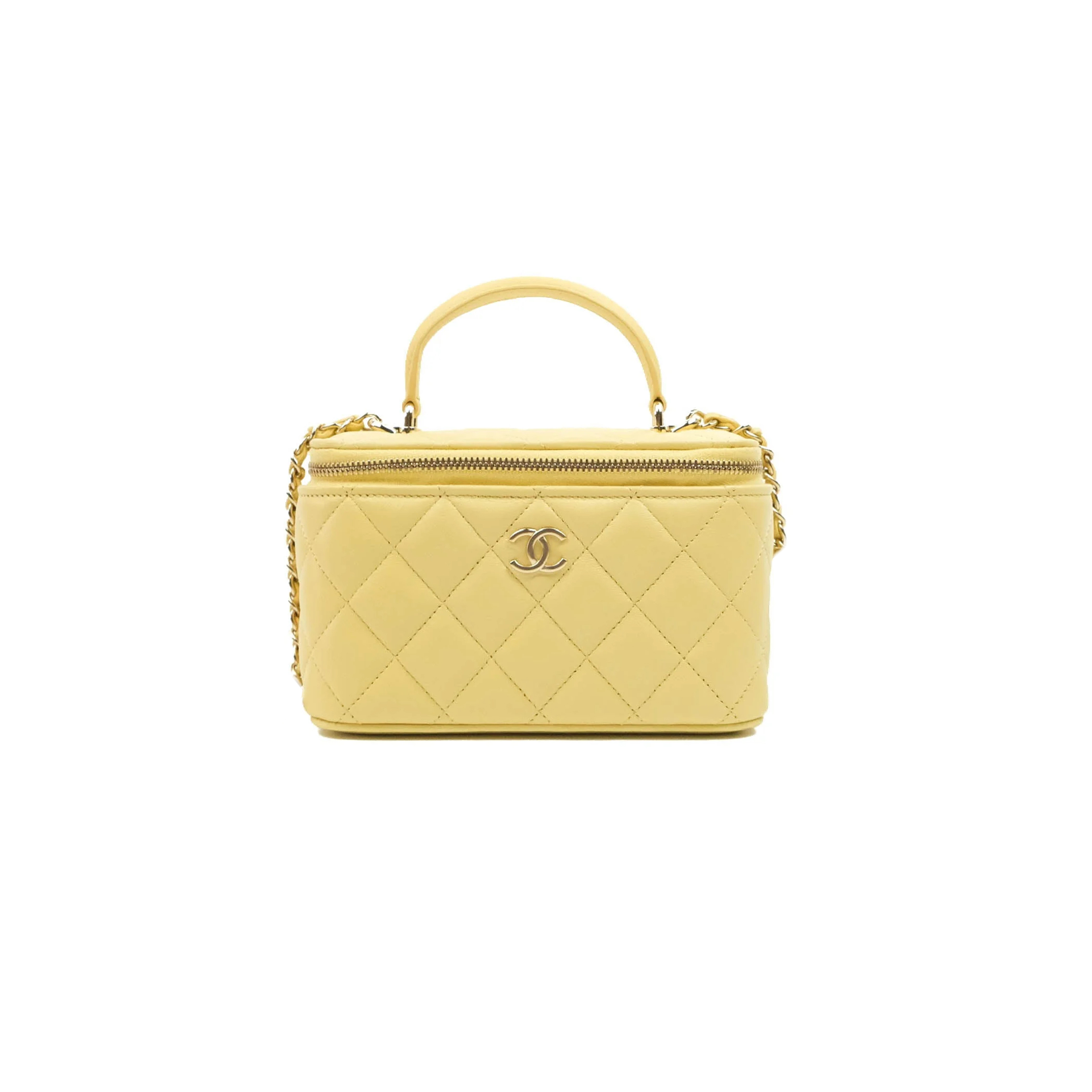 Ch*el vanity rectangular top handle yellow lambskin gold hardware 135269 (17*9*8cm)